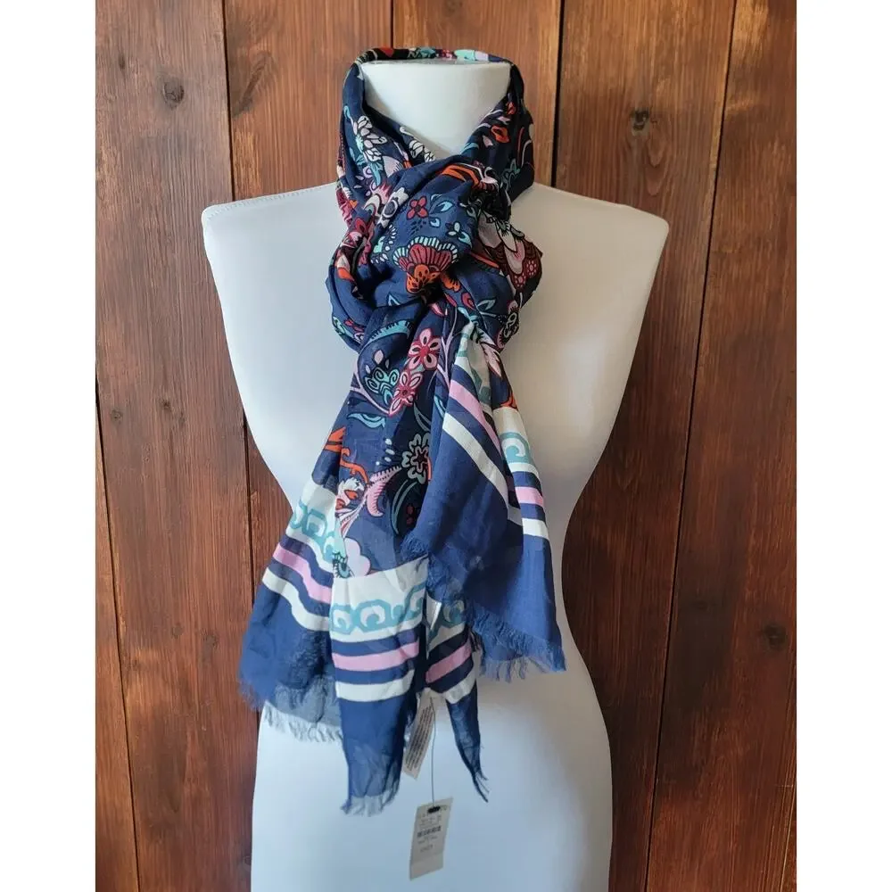 NWT Talbots Blue Floral‎ Scarf 100% Modal Pink Aqua Orange Vibrant Print Fringe